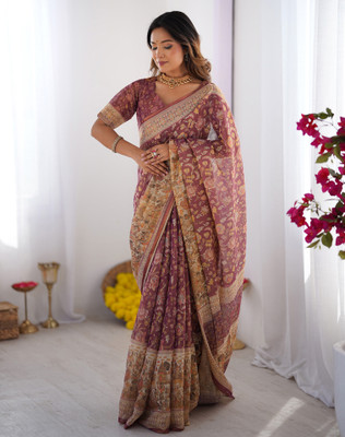Tasrika Floral Print, Woven, Embellished Kalamkari Linen Saree(Purple)