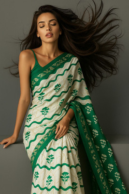 Sareestri Printed Chanderi Cotton Blend Saree(Blue, White)