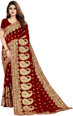 b bella creation Self Design, Embroidered Bollywood Georgette Saree(Maroon, Gold)