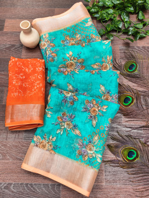 Anand Sarees Floral Print Bollywood Cotton Linen Saree(Light Blue, Orange)