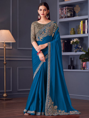 Sareemall Embellished Bollywood Satin Saree(Blue)