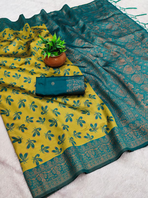 AVANTIKA FASHION Woven Kanjivaram Pure Silk, Art Silk Saree(Yellow, Light Blue)