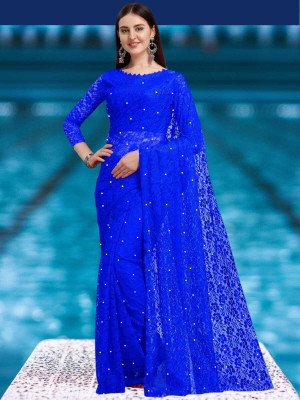 NORAFLEX Self Design Bollywood Net Saree(Blue)