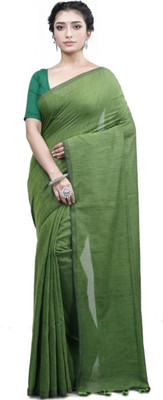 sdn Printed Handloom Cotton Blend Saree(Green)
