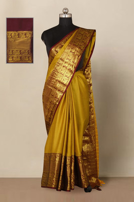 Banaras silk palace Solid/Plain Mysore Silk Blend Saree(Yellow)