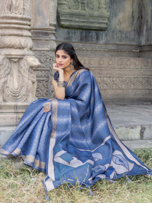 Divastri Digital Print Hand Batik Tussar Silk Saree(Light Blue)