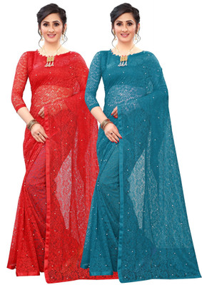 LOROFY Self Design Bollywood Net Saree(Pack of 2, Red)