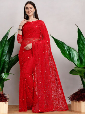 Nexxafashions Self Design Bollywood Net Saree(Red)