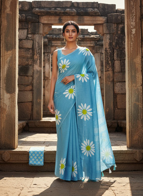 Hema Silk Mills Digital Print, Floral Print Bollywood Linen Saree(Blue)