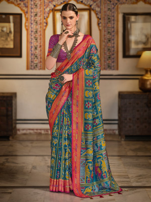 Sareemall Printed Patola Silk Blend Saree(Blue)