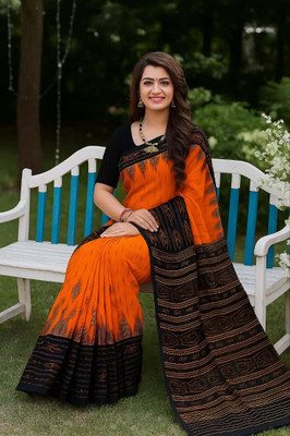 VAMIKASAREE Printed Sambalpuri Pure Cotton Saree(Orange)