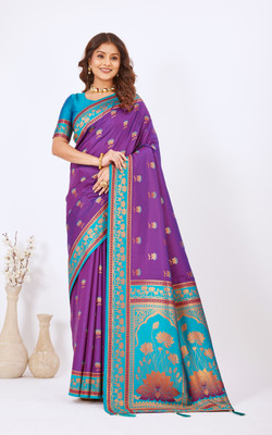 Heirlooms Woven, Floral Print Paithani Pure Silk Saree(Purple, Light Blue, Multicolor)