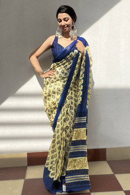 RAGISHA ENTERPRISE Digital Print Handloom Cotton Blend Saree(Yellow)