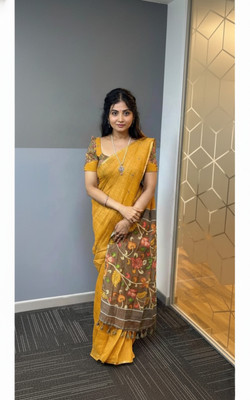NIRALISAREE Digital Print, Printed Kalamkari Linen Saree(Mustard)
