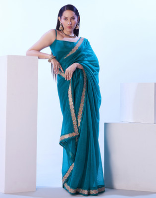 Satrani Embellished, Solid/Plain, Self Design Bollywood Net Saree(Blue)