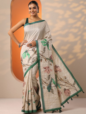 LIBAS Printed Daily Wear Silk Blend Saree(Beige)