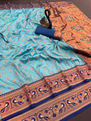 GATISHVAM TEXTILE Woven Paithani Art Silk Saree(Light Blue)