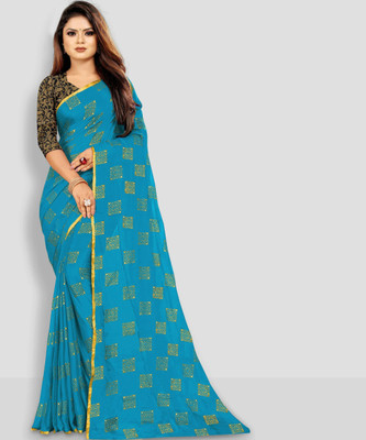 RHEY Printed Bollywood Chiffon Saree(Light Blue)