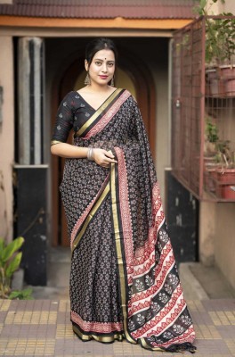 STAVA CREATION Printed Bollywood Cotton Silk Saree(Black)