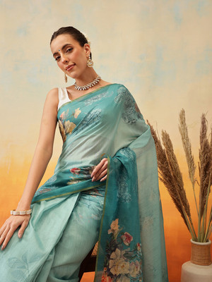 SILK ZONE Digital Print Chanderi Cotton Blend Saree(Light Blue)