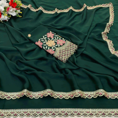 Pionex Solid/Plain Bollywood Silk Blend Saree(Dark Green)