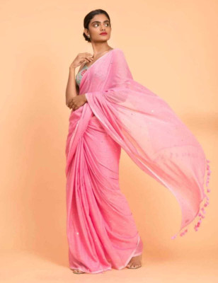 GM TEXTILE Self Design Handloom Cotton Blend Saree(Pink)