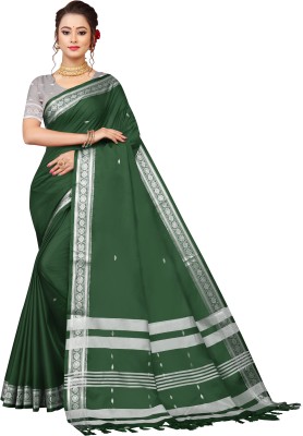 REKNIT Woven, Solid/Plain, Self Design Kanjivaram Cotton Silk, Silk Blend Saree(Dark Green)