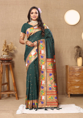 all about you Woven Paithani Silk Blend Saree(Green)