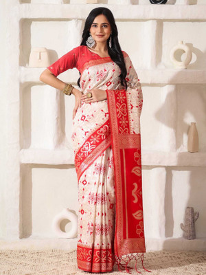 Divastri Printed Banarasi Cotton Linen Saree(White, Red)