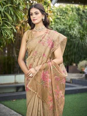 Tasrika Floral Print Bollywood Tissue Saree(Beige)