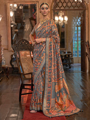 ANOUK Printed Banarasi Silk Blend Saree(Grey)
