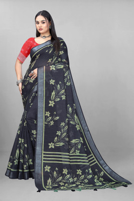 supalee tex Digital Print Bollywood Cotton Linen Saree(Black)