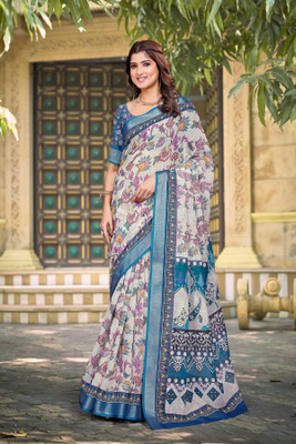 Vinayak Textile Printed Bollywood Linen Saree(Cream)