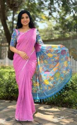 nirave fashion Printed Bollywood Linen, Cotton Blend Saree(Pink)