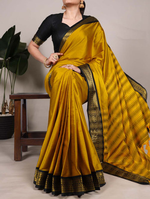 The Style Sanctuary Solid/Plain, Striped, Woven Bollywood Cotton Silk Saree(Yellow)