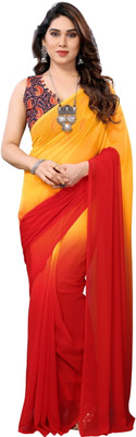 sadika Solid/Plain Daily Wear Georgette Saree(Red, Orange)