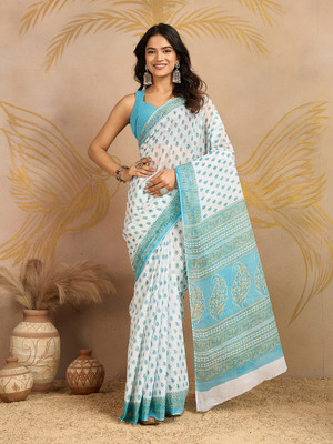 SHANVIKA Floral Print Daily Wear Pure Cotton Saree(White, Blue)
