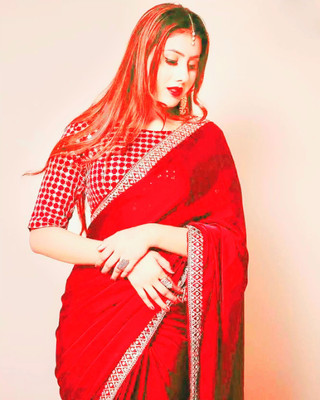 Qwarty Polka Print, Self Design Bandhani Georgette Saree(Red)