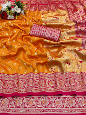 Divastri Woven, Self Design Kanjivaram Silk Blend, Pure Silk Saree(Mustard, Pink)