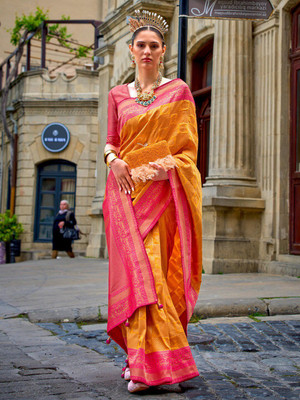ANOUK Woven Banarasi Silk Blend Saree(Yellow)