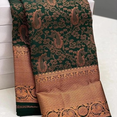 SHOPDROP Woven Kanjivaram Pure Silk Saree(Dark Green)