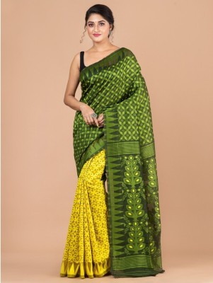 Krishneshwari Printed Handloom Cotton Blend Saree(Yellow, Dark Green)