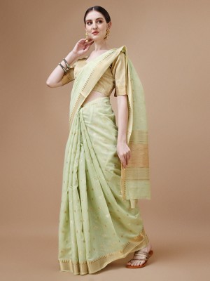 Divastri Woven, Floral Print, Geometric Print, Self Design, Embellished Banarasi Silk Blend Saree(Light Green)