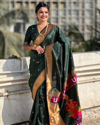 CP TEXTILE Embellished Paithani Art Silk Saree(Green)