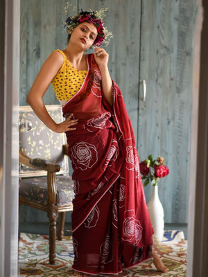 revenclaw Digital Print Chanderi Cotton Linen Saree(Maroon)