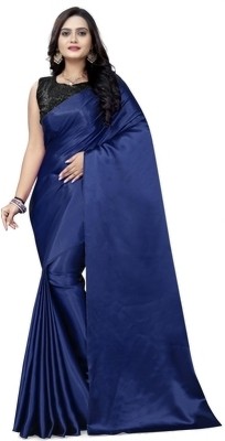 Ratan creation Solid/Plain Bollywood Satin Saree(Dark Blue)