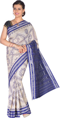 handloom paridhaan Hand Painted, Self Design Handloom Pure Cotton Saree(Cream, Blue)