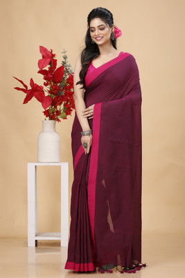 Bong ButiQ Solid/Plain Handloom Pure Cotton Saree(Maroon)