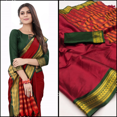 OM Fashion Self Design Assam Silk Cotton Silk Saree(Red)