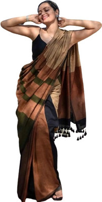 saree star Color Block Handloom Cotton Blend Saree(Mustard)